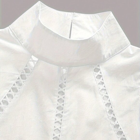 White Elegant Women's High Collar Sleeveless Loose Lace Trim Blouse - Picture 4 of 5
